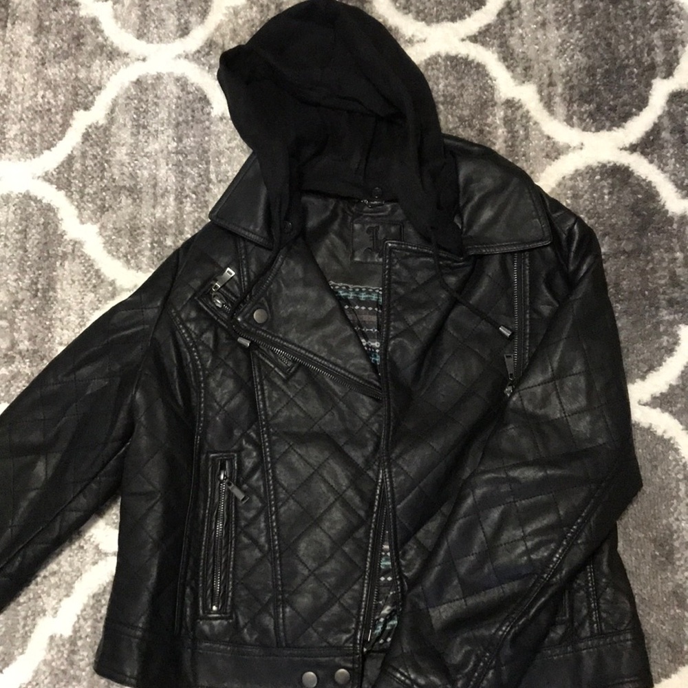 leather jacket with hood